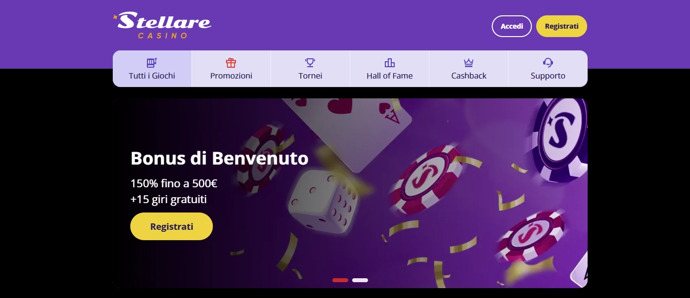 Interfaccia principale Stellare Casino con tornei in evidenza