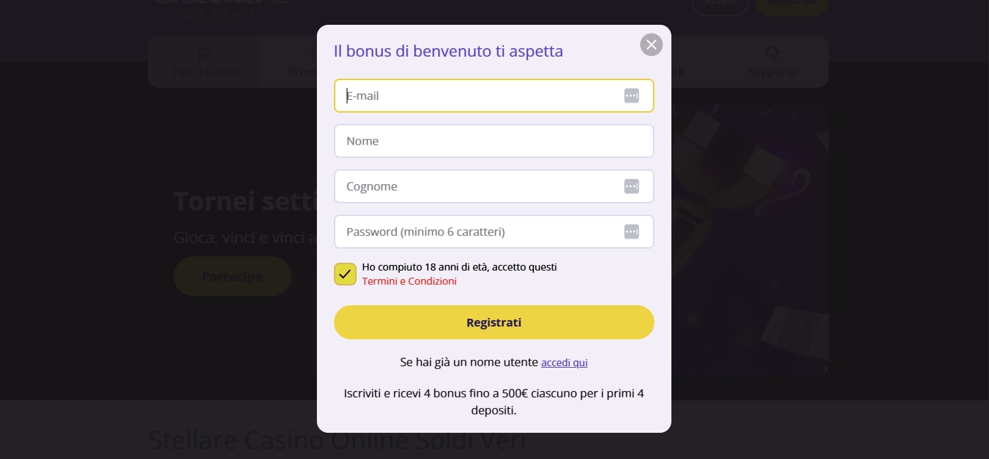 Schermata di registrazione Stellare Casino
